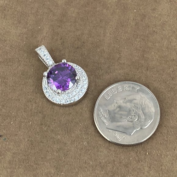 New 8.3MM Faceted Round 1CT Deep Purple Amethyst & CZ 925 Sterling Pendant - Picture 3 of 4